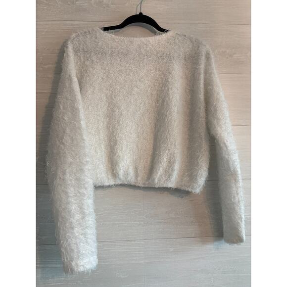 Zara Sweater Womens Small White Fuzzy Shaggy Eyelash Knit Cropped Long Sleeve - Picture 3 of 4